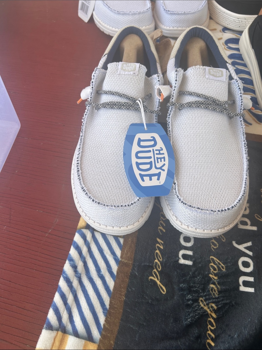 Hey Dude Kids White Knit Slip-On Sneakers with Gray Laces